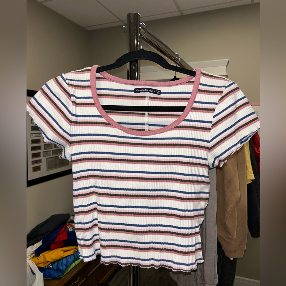 Abercrombie and Fitch striped, ribbed, lettuce edge t shirt